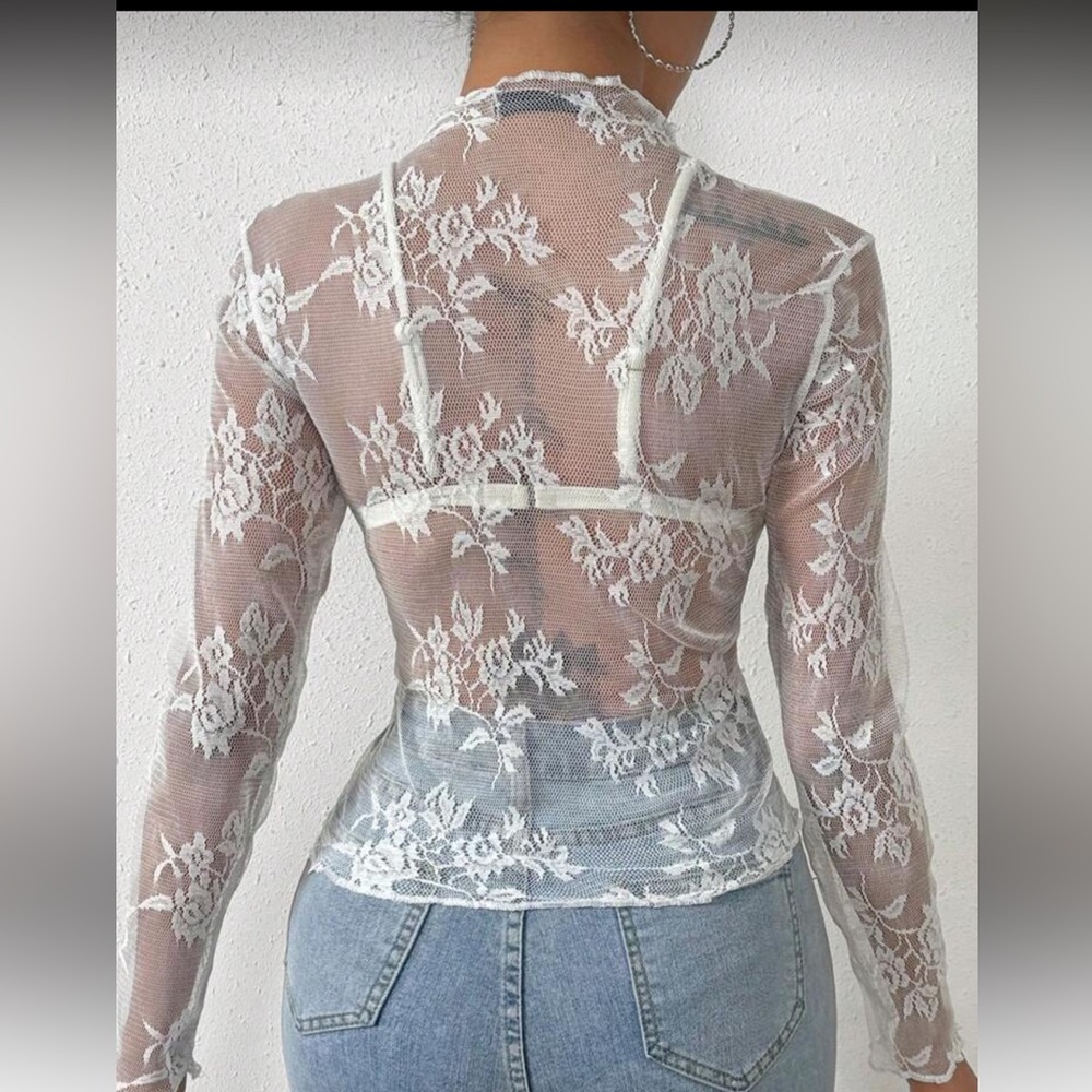 Completely Sheer floral lace long sleeve tee black lettuce trim edge mockneck - Picture 7 of 8